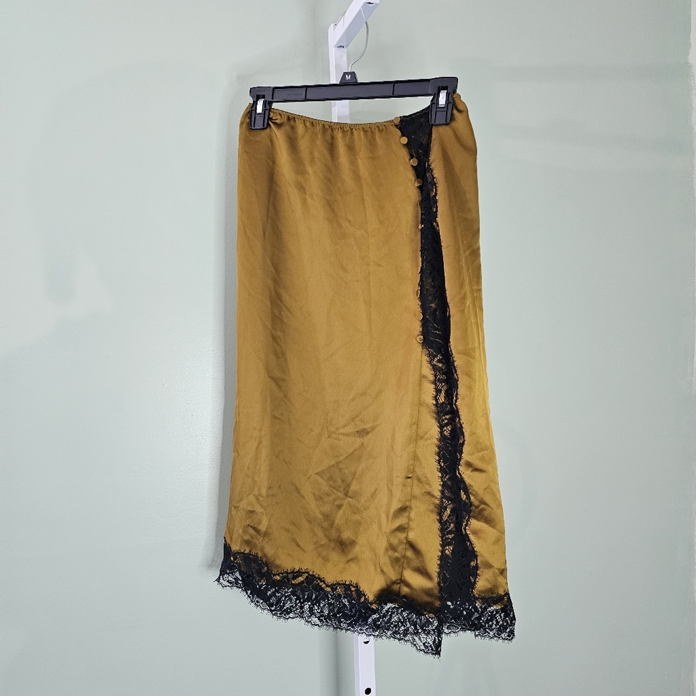 Victoria's Secret Satin Midi Skirt Golden Bronze Size Medium Black‎ Lace